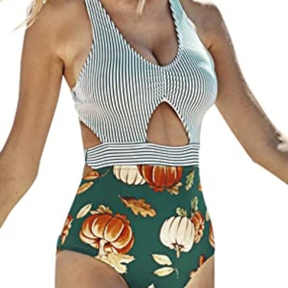 CUPSHE Women's Green Stripe Cutout 1 pc Swimsuit - Picture 2 of 6